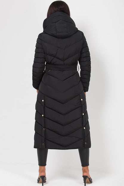 Fulvia | Women's Long Padded Coat with Hood, Belt, and Gold Detail - Winter Look