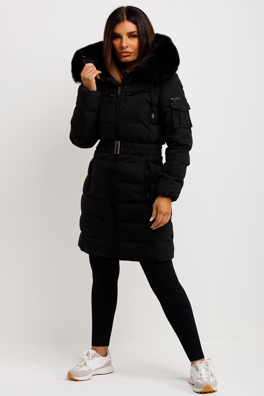 Ada | Women's Long Padded Coat with Fur Hood and Belt - Winter Warmth
