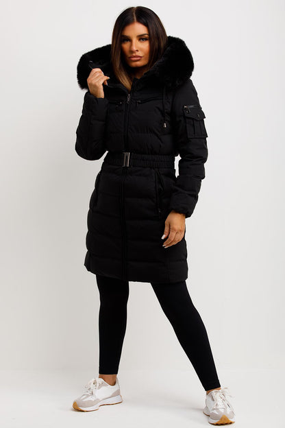 Ada | Women's Long Padded Coat with Fur Hood and Belt - Winter Warmth