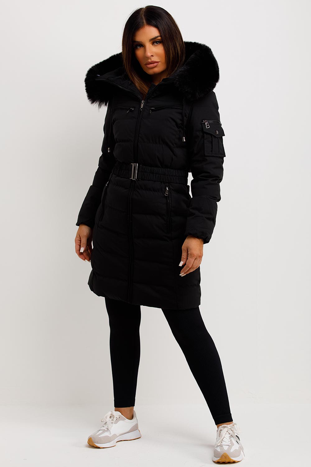 Ada | Women's Long Padded Coat with Fur Hood and Belt - Winter Warmth