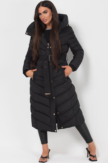 Fulvia | Women's Long Padded Coat with Hood, Belt, and Gold Detail - Winter Look