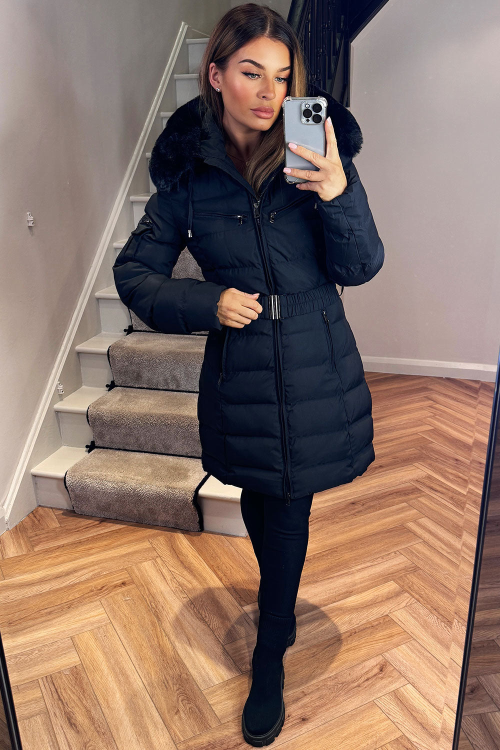 Ada | Women's Long Padded Coat with Fur Hood and Belt - Winter Warmth