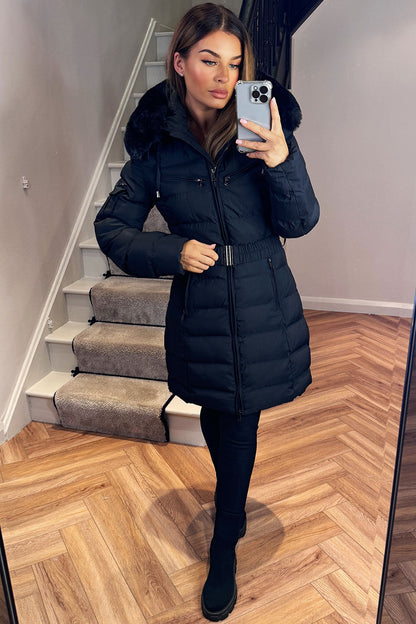Ada | Women's Long Padded Coat with Fur Hood and Belt - Winter Warmth