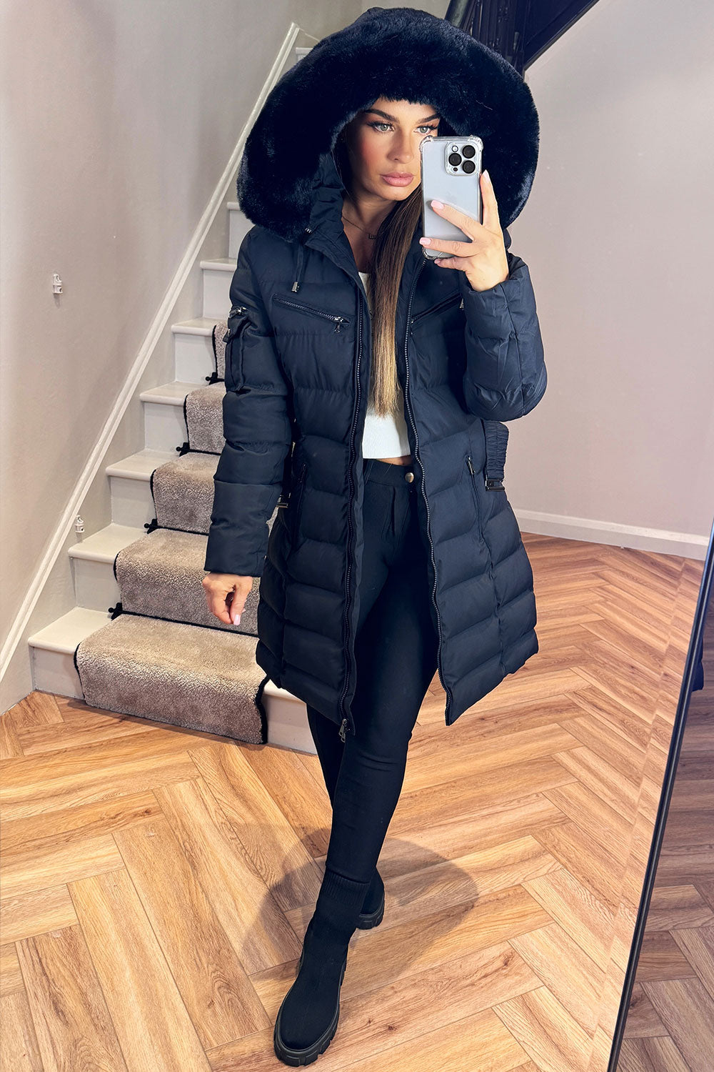 Ada | Women's Long Padded Coat with Fur Hood and Belt - Winter Warmth