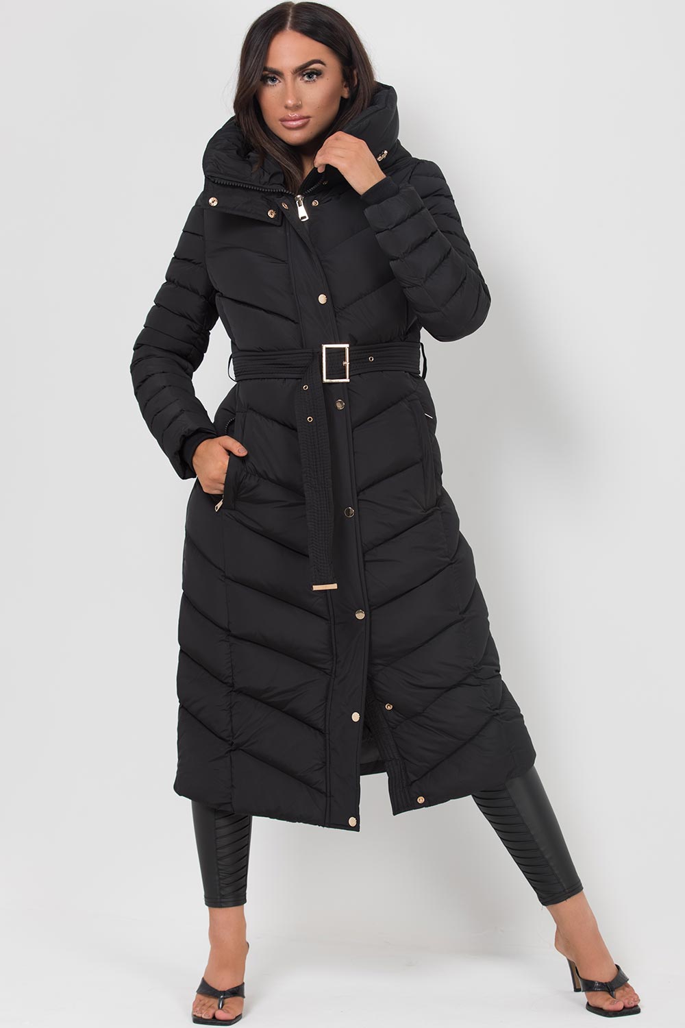 Fulvia | Women's Long Padded Coat with Hood, Belt, and Gold Detail - Winter Look
