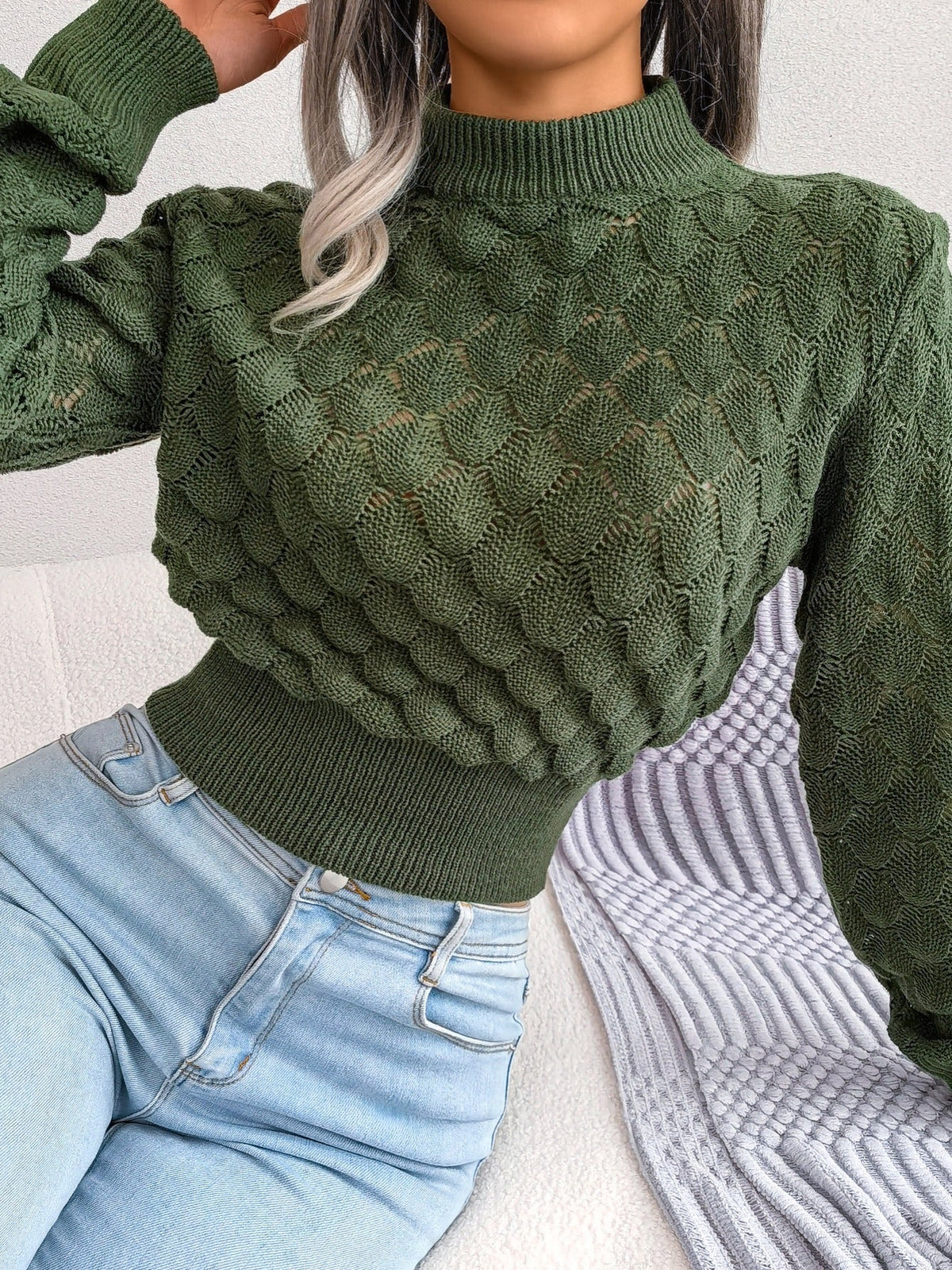 Maddalena | Women's Textured Diamond-Pattern Cropped Sweater - Timeless Softness