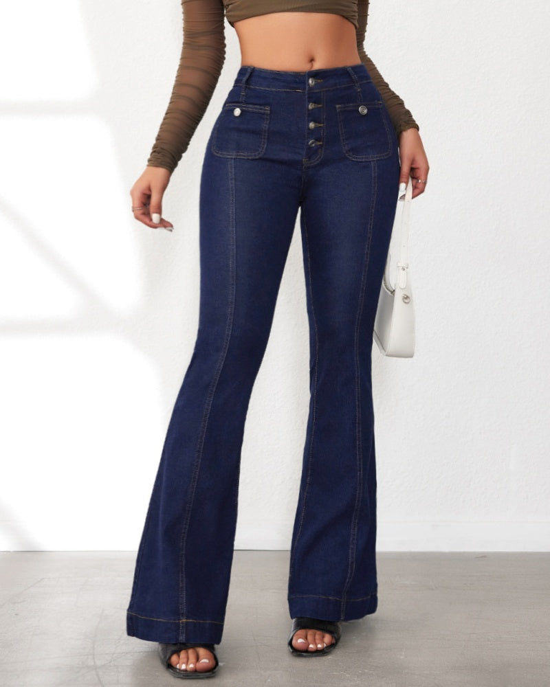 Ottavina | Women's High-Waisted Flare Jeans with Buttons - Elongated Silhouette