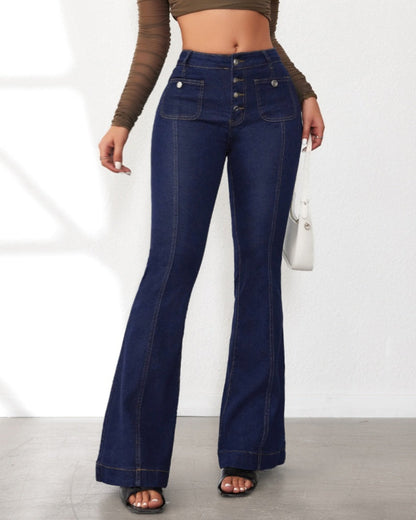 Ottavina | Women's High-Waisted Flare Jeans with Buttons - Elongated Silhouette