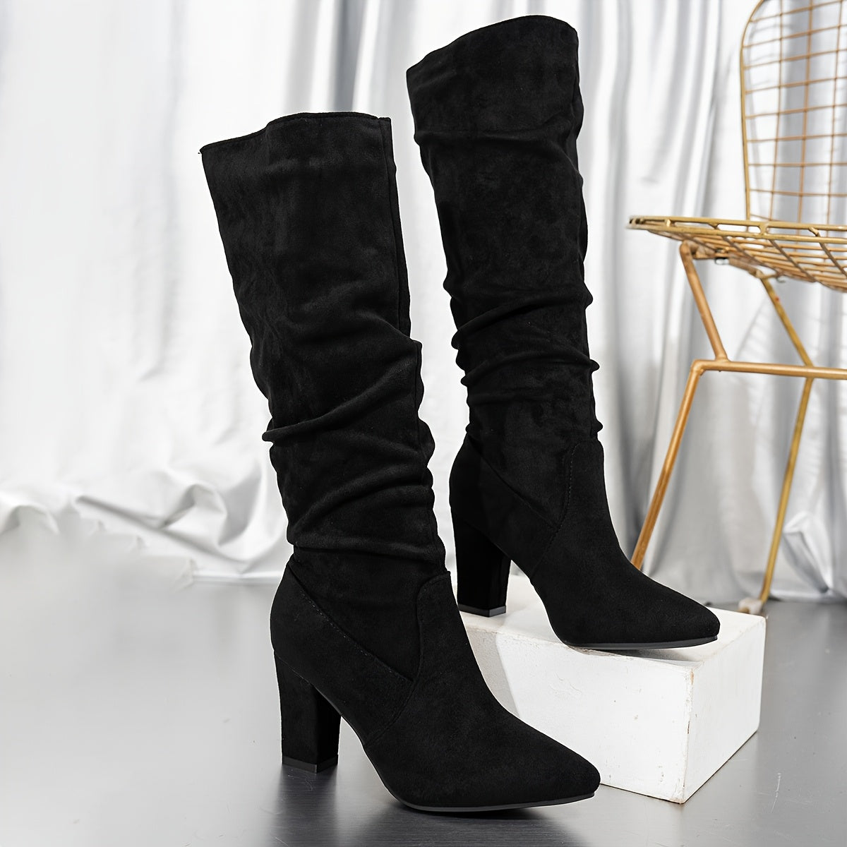 Ilaria | Women's Slouchy Knee-High Boots with Block Heel - Elegant Height