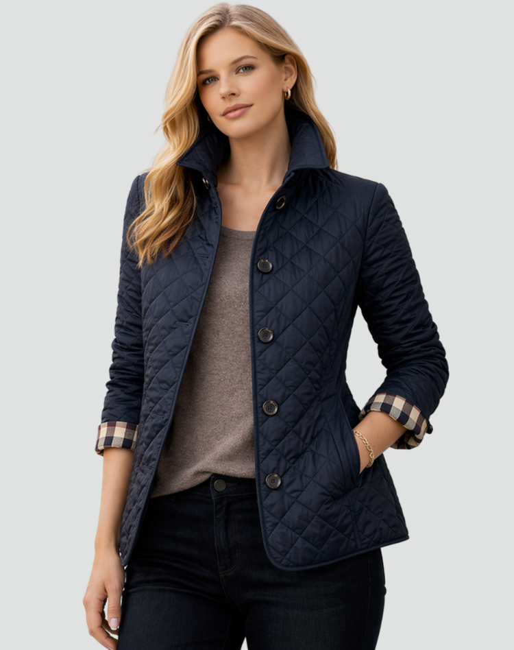Albina | Women's Quilted Jacket with Buttons and Check Cuffs - Refined Detail