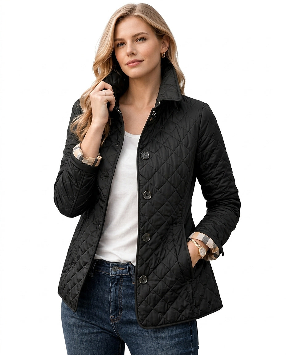Albina | Women's Quilted Jacket with Buttons and Check Cuffs - Refined Detail