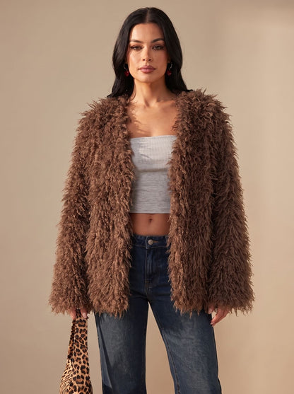 Teodora | Offene Oversize-Damenjacke in Teddyoptik - Kuschelige urbane Eleganz