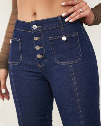 Ottavina | Women's High-Waisted Flare Jeans with Buttons - Elongated Silhouette