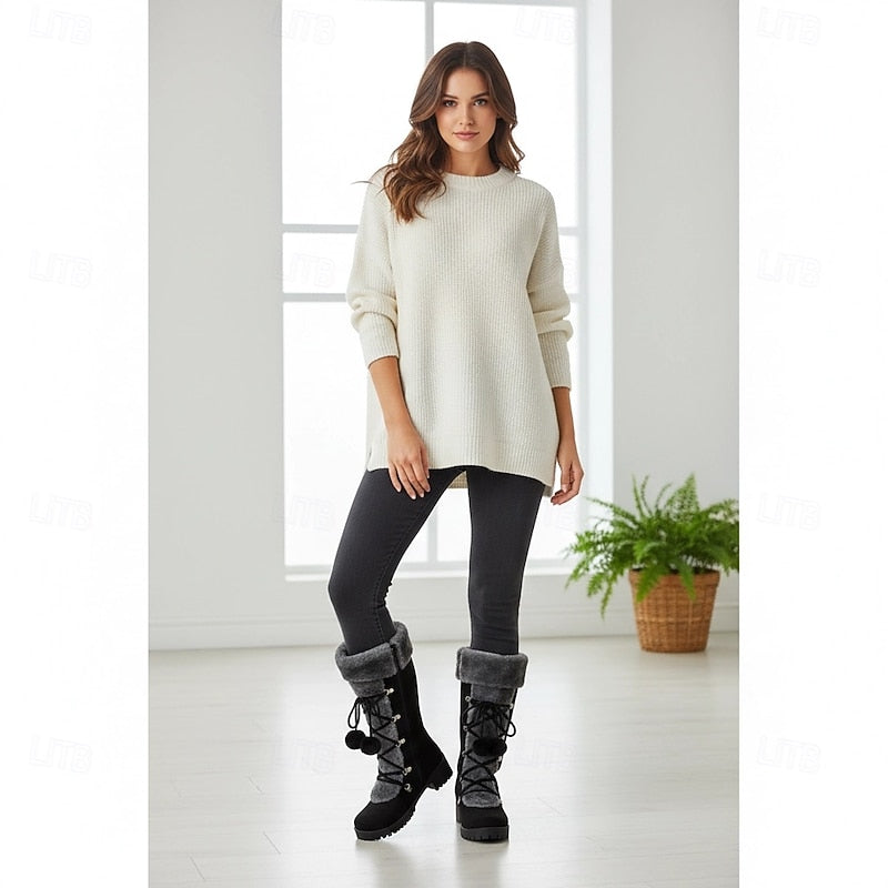 Marina | Women's Tall Lace-Up Winter Boots with Pom-Poms - Reliable Warmth