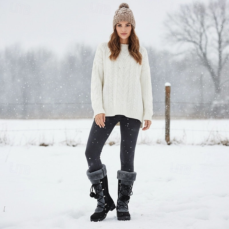 Marina | Women's Tall Lace-Up Winter Boots with Pom-Poms - Reliable Warmth