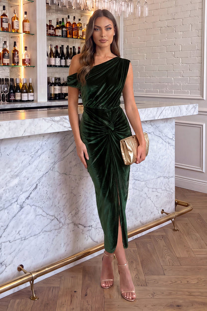 Lavinia | Women's Green Velvet Midi Dress with Off-the-Shoulder Neckline and Knot - Party Look