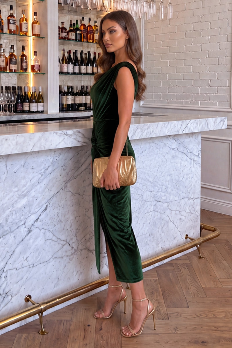 Lavinia | Women's Green Velvet Midi Dress with Off-the-Shoulder Neckline and Knot - Party Look