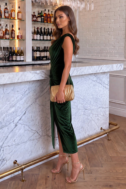 Lavinia | Women's Green Velvet Midi Dress with Off-the-Shoulder Neckline and Knot - Party Look