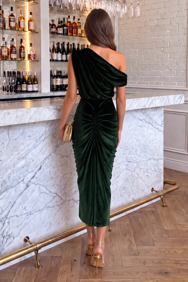 Lavinia | Women's Green Velvet Midi Dress with Off-the-Shoulder Neckline and Knot - Party Look