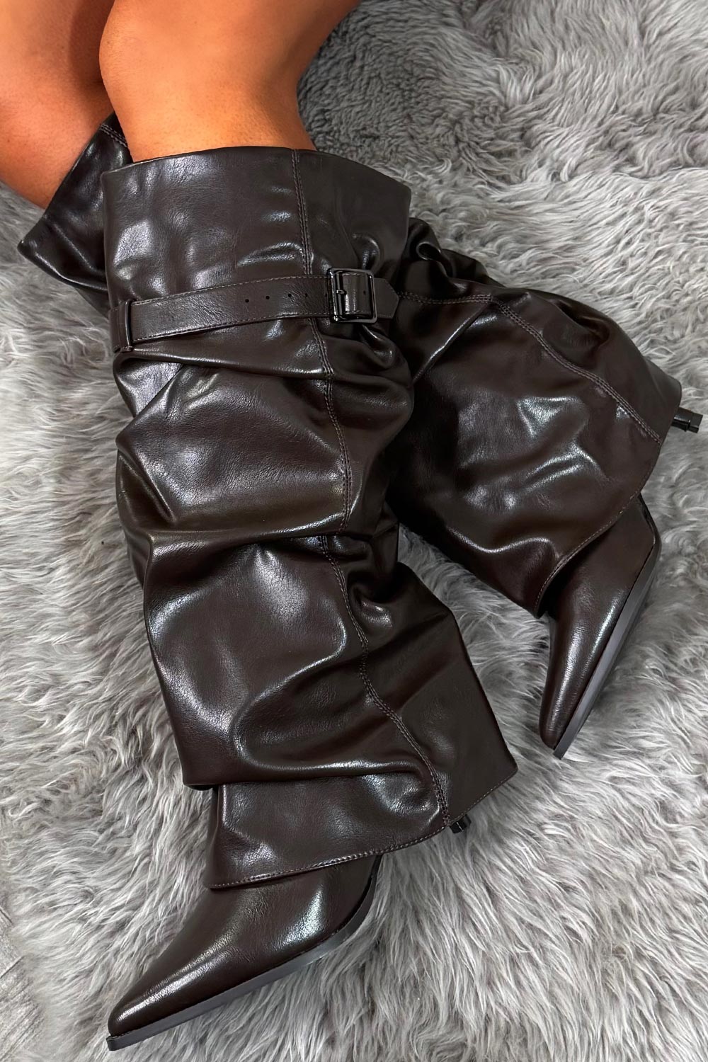Adriana | Brown Slouchy Women's Knee-High Boots with Heel and Buckle - Bold Look