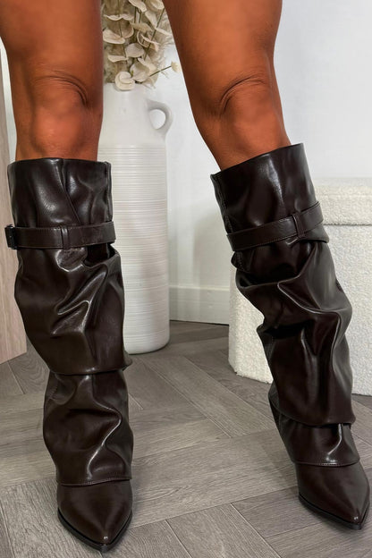 Adriana | Brown Slouchy Women's Knee-High Boots with Heel and Buckle - Bold Look