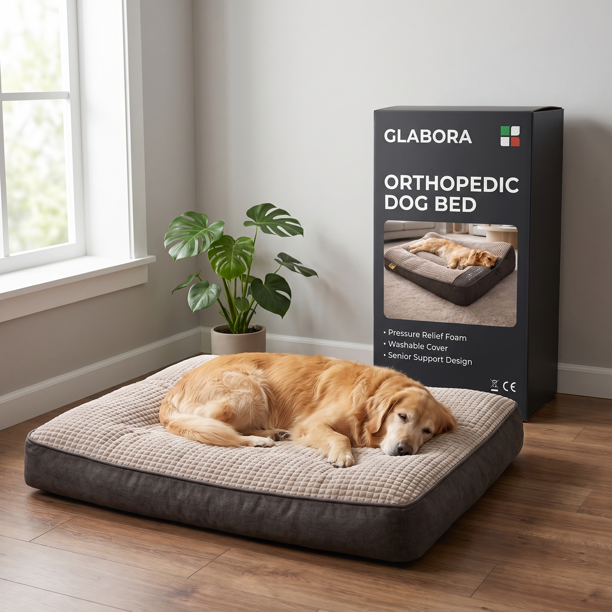 Orthopedic Dog Bed GLABORA - lifestyle with packaging