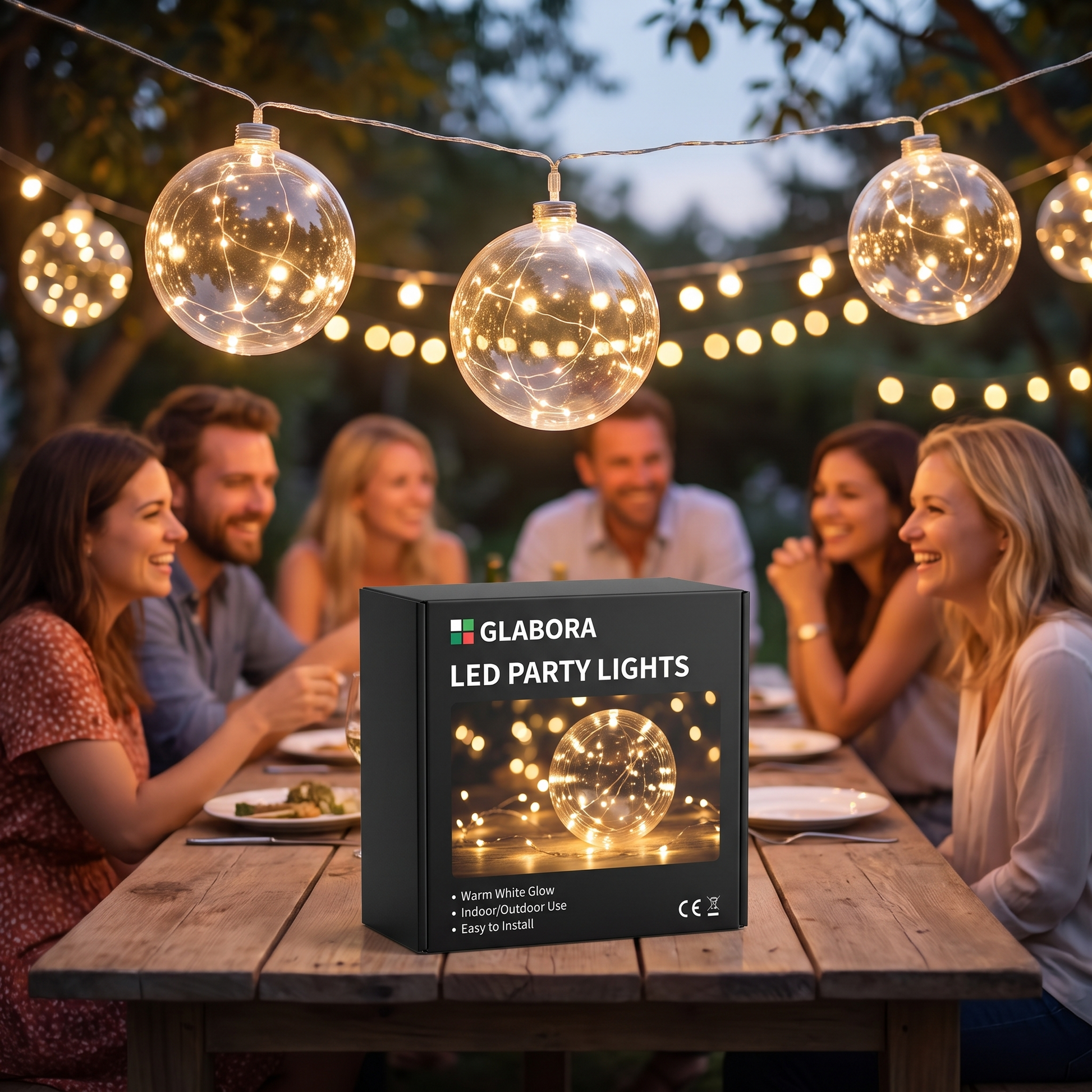 LED Party Lights GLABORA - lifestyle with packaging