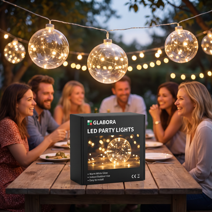 LED Party Lights GLABORA - lifestyle with packaging