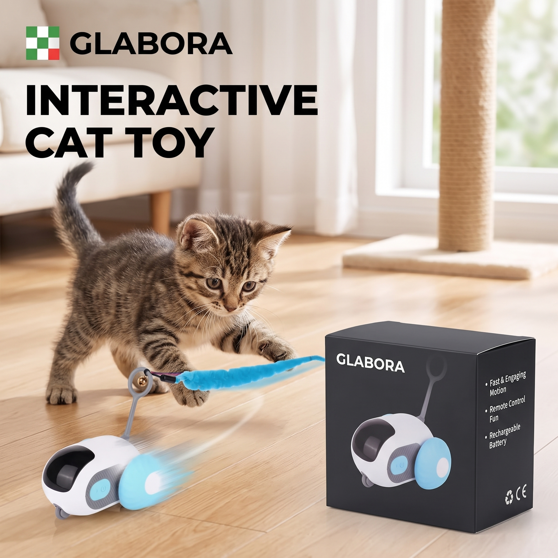 Interactive Cat Toy GLABORA - lifestyle with packaging