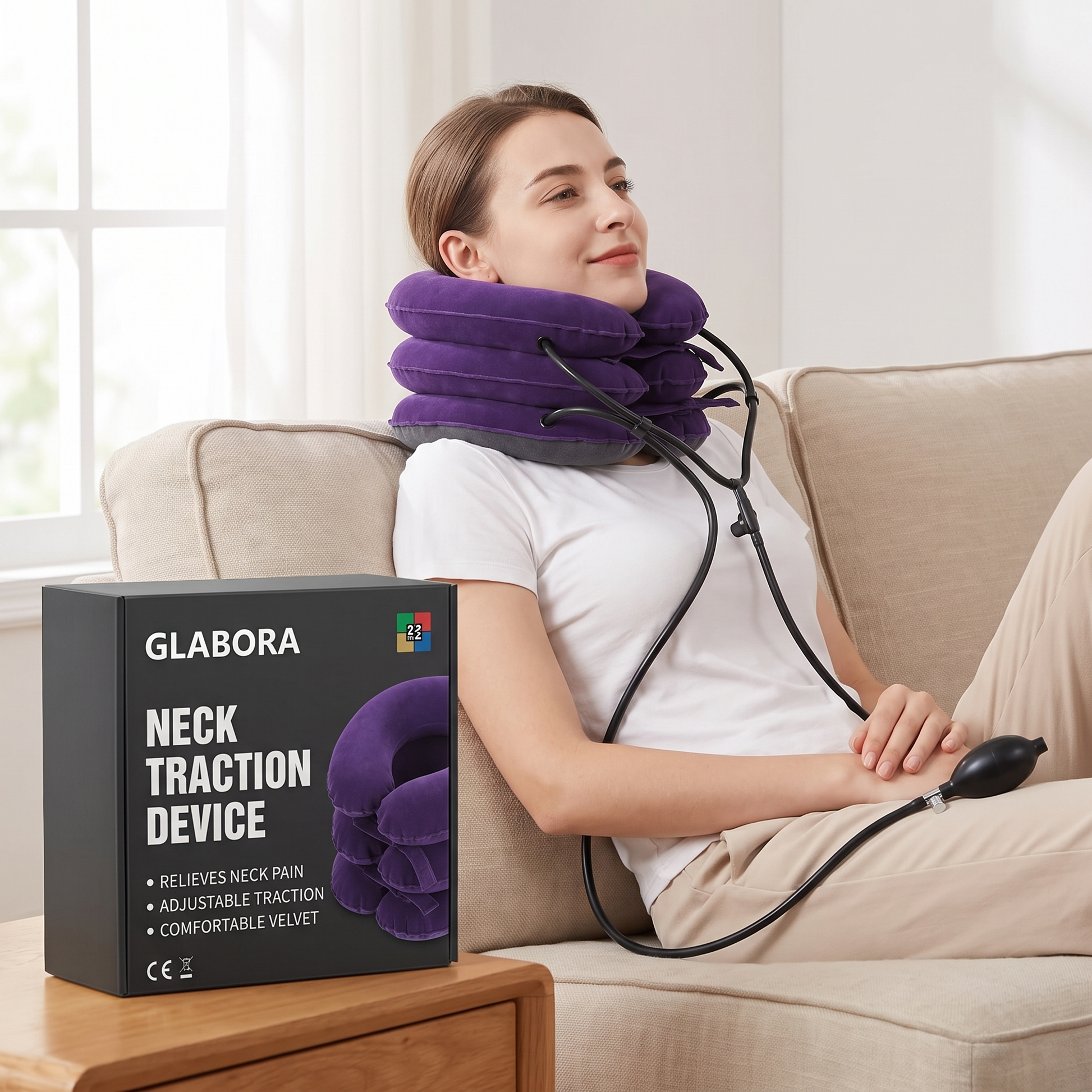 Neck Traction Device GLABORA - lifestyle with packaging