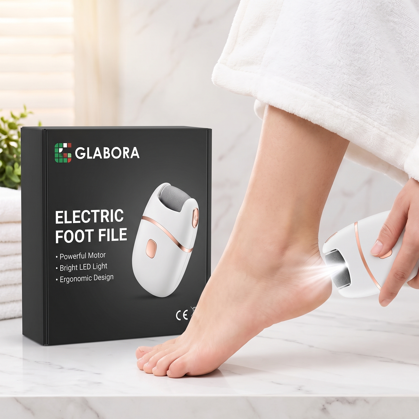 Electric Foot File GLABORA - lifestyle with packaging