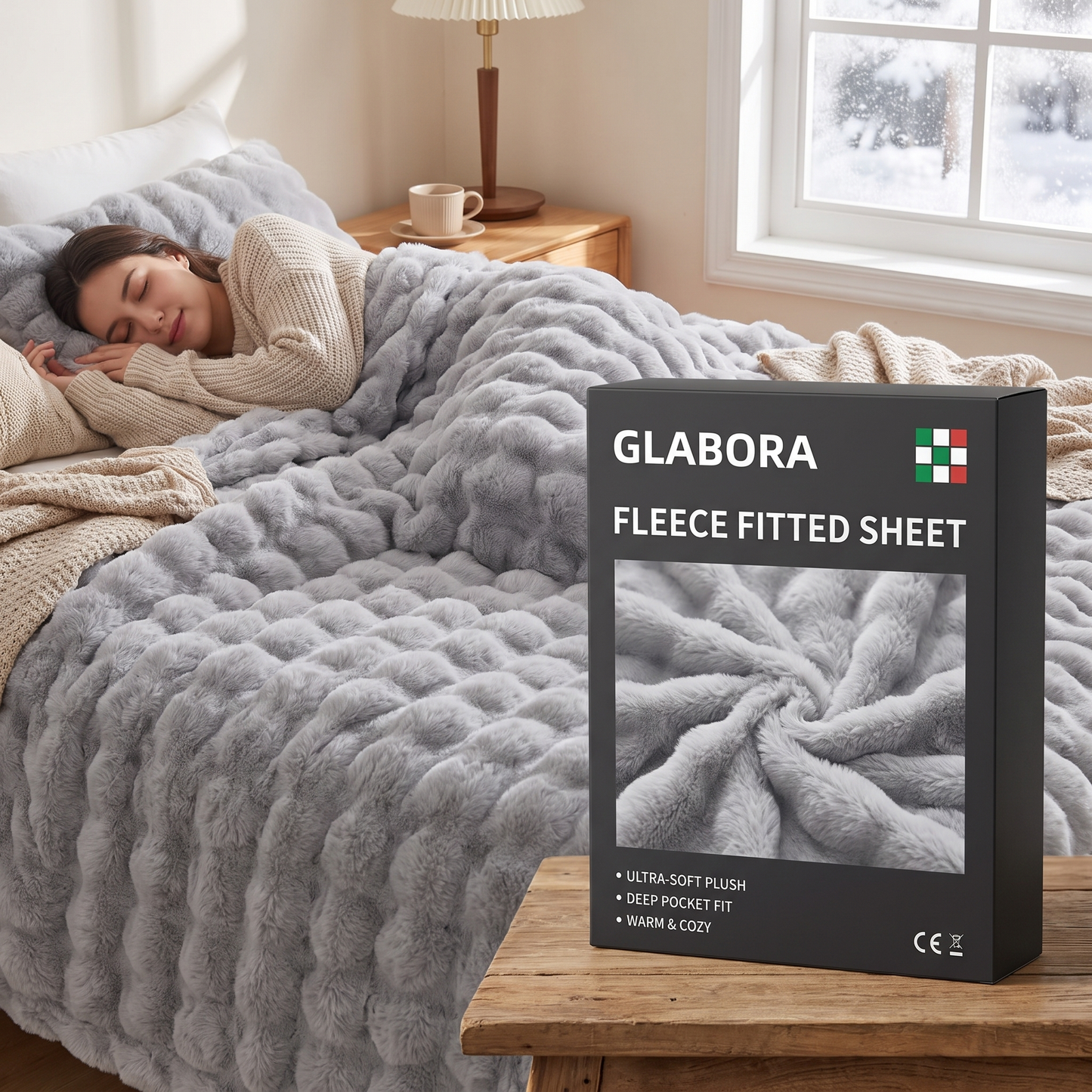 Fleece Fitted Sheet GLABORA - lifestyle with packaging
