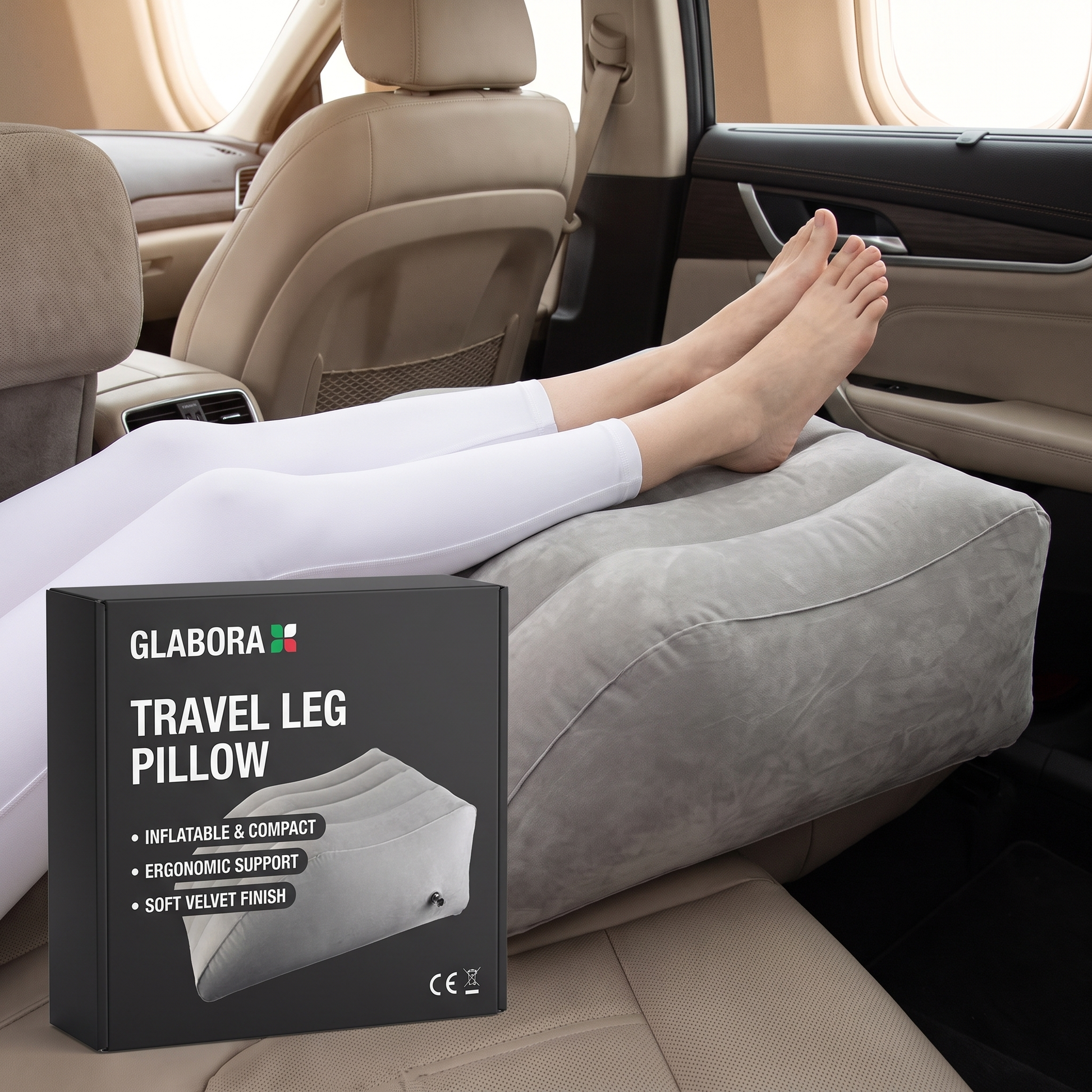 Travel Leg Pillow GLABORA - lifestyle with packaging
