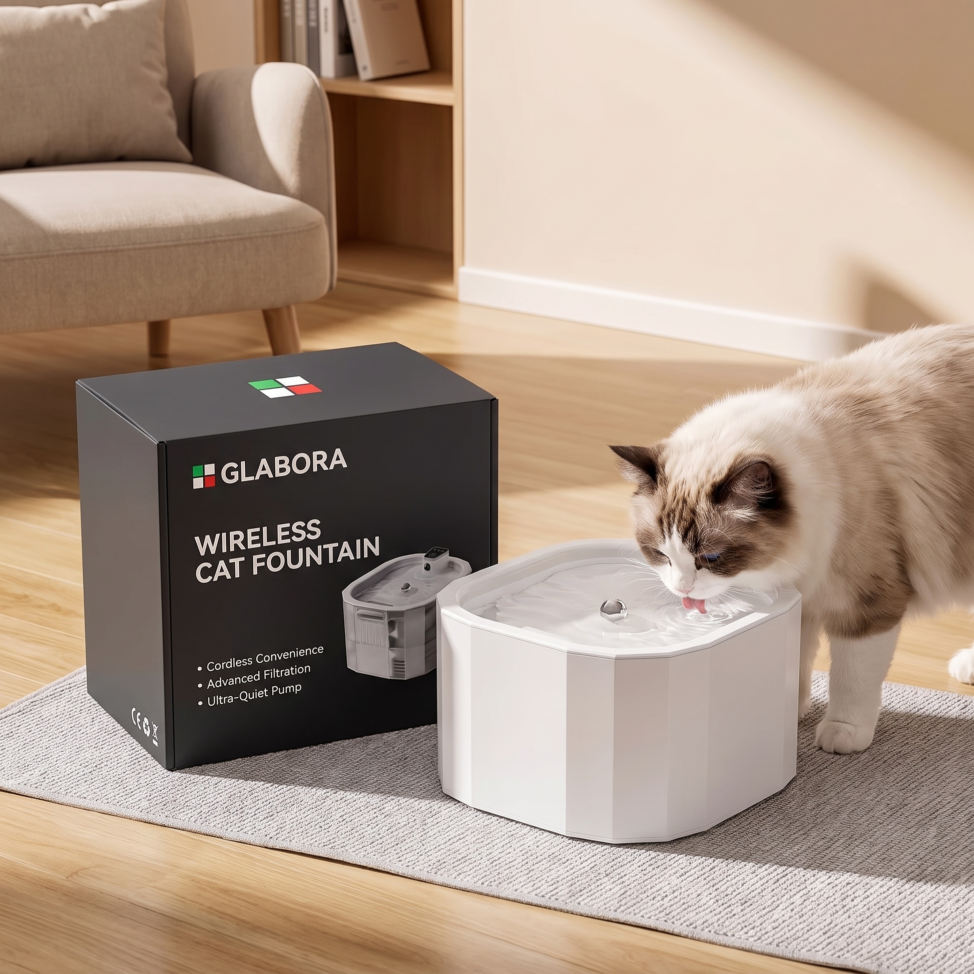 Wireless Cat Fountain GLABORA - lifestyle with packaging