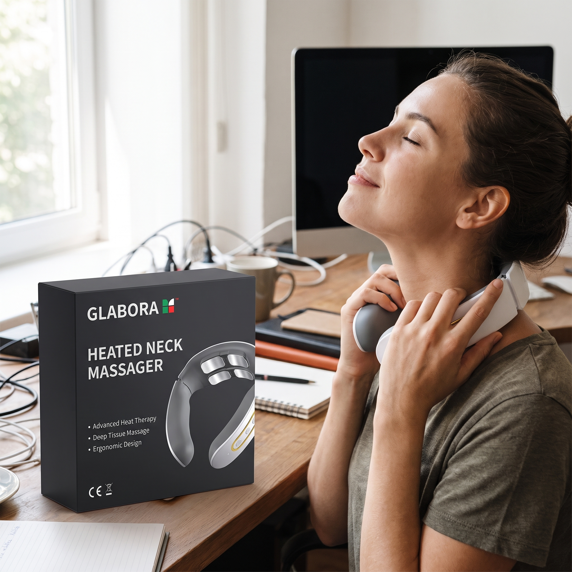 Heated Neck Massager GLABORA - lifestyle with packaging