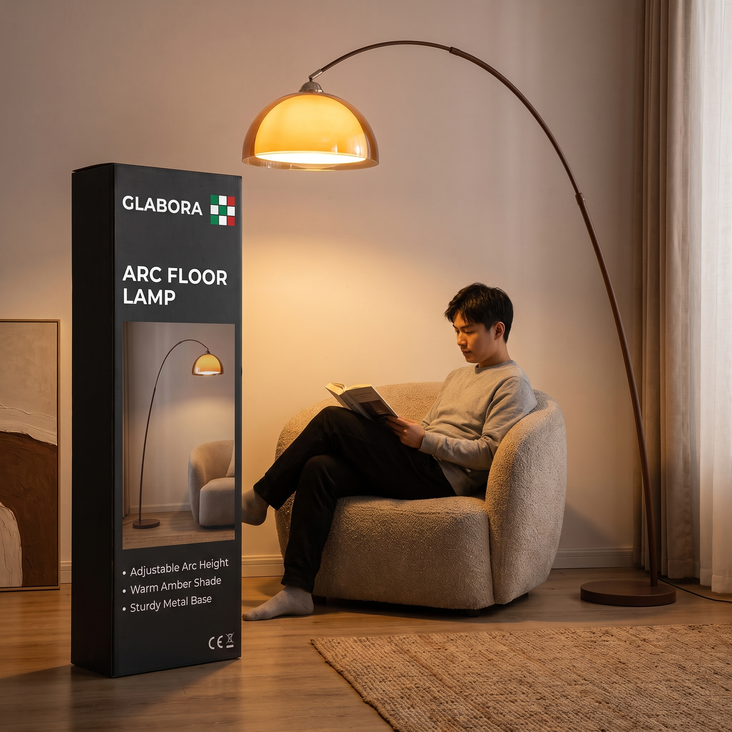 Arc Floor Lamp GLABORA - lifestyle with packaging