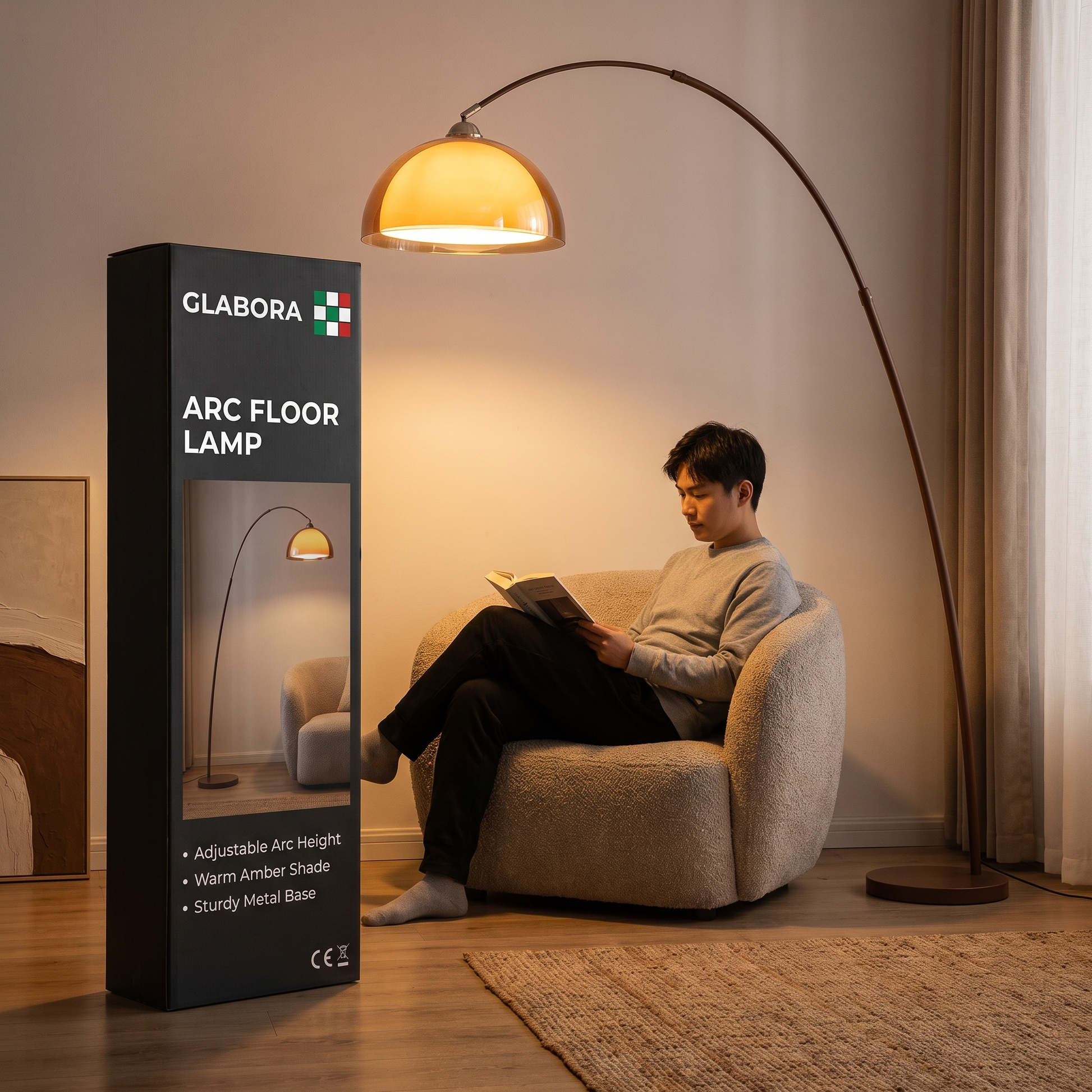 Arc Floor Lamp GLABORA - lifestyle with packaging