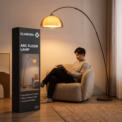 Arc Floor Lamp GLABORA - lifestyle with packaging