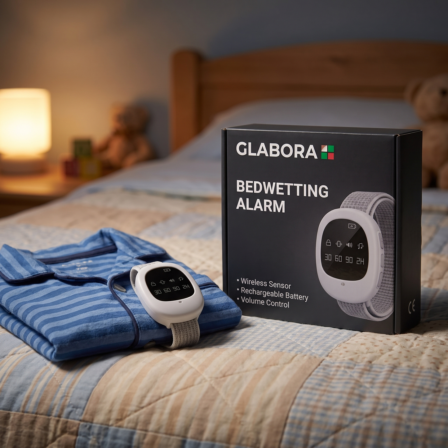 Bedwetting Alarm GLABORA - lifestyle with packaging