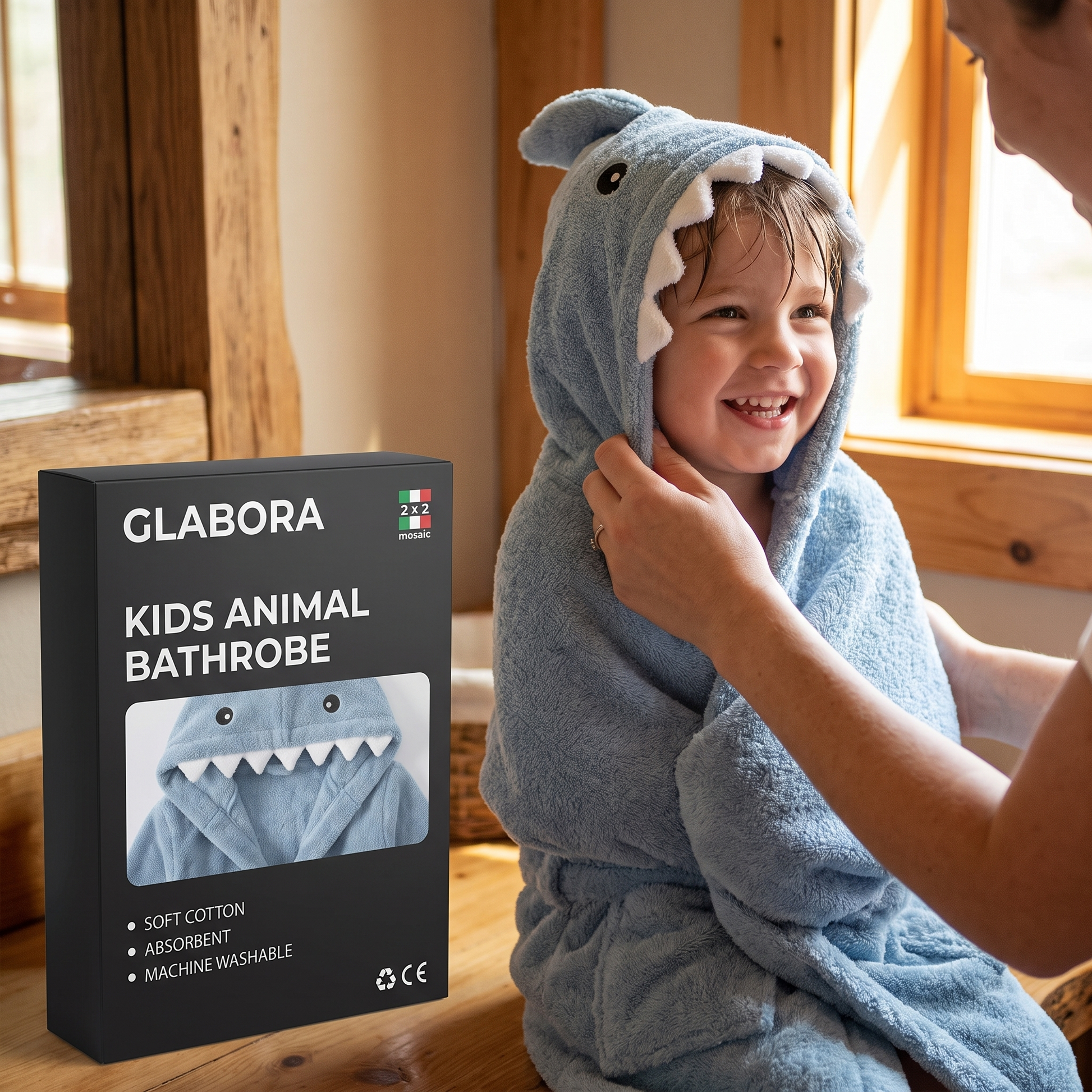 Kids Animal Bathrobe GLABORA - lifestyle with packaging
