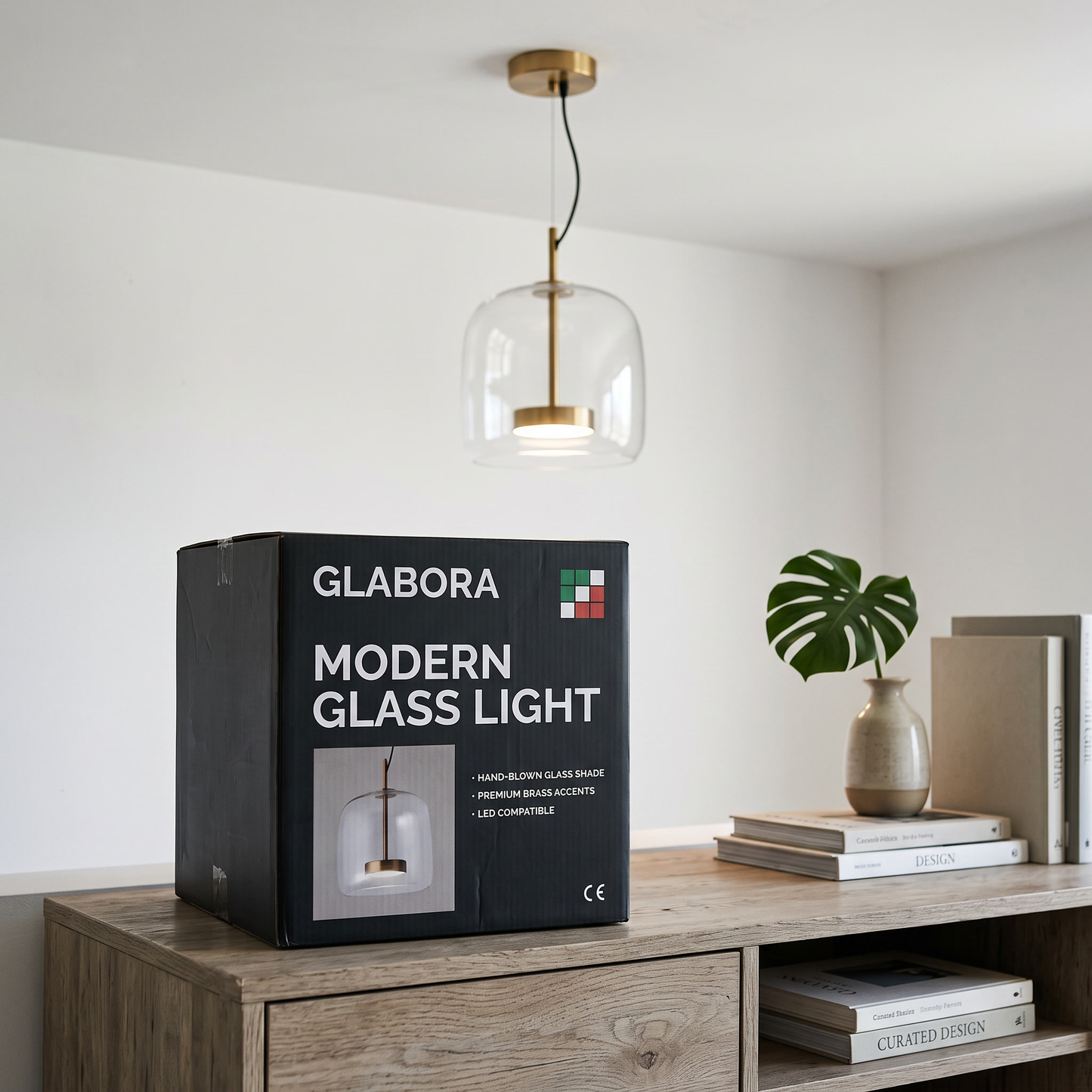 Modern Glass Light GLABORA - lifestyle with packaging