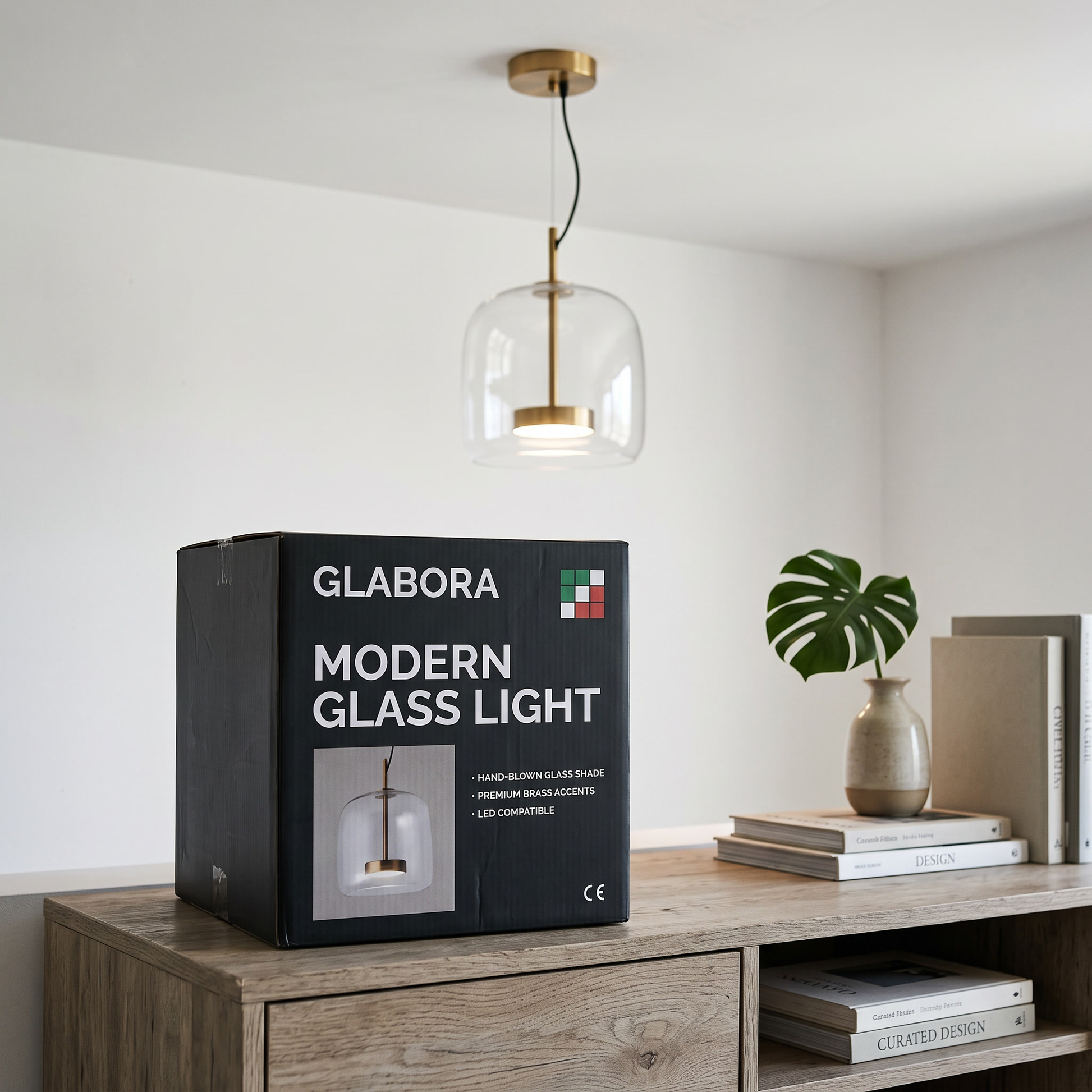 Modern Glass Light GLABORA - lifestyle with packaging
