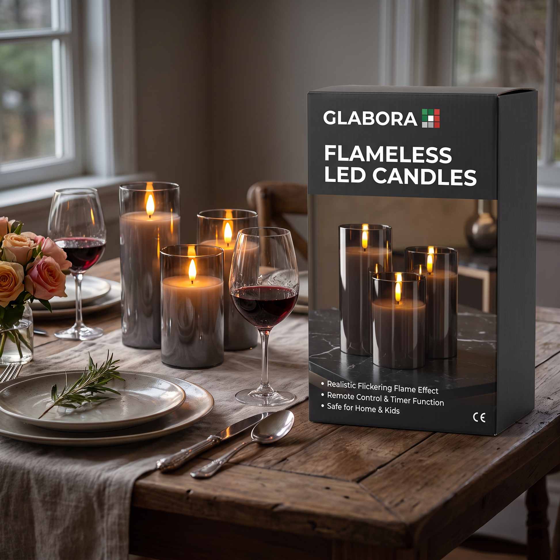 Flameless LED Candles GLABORA - lifestyle with packaging