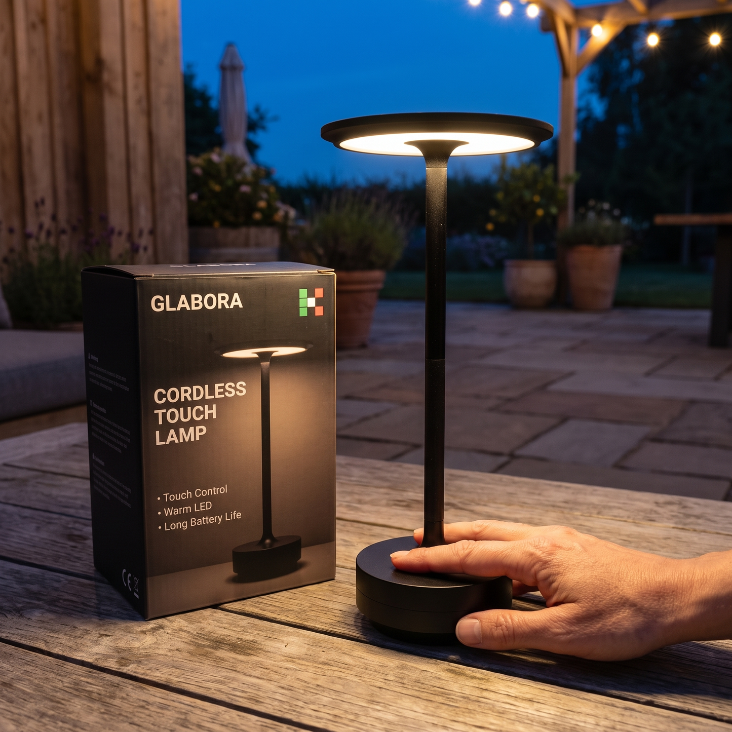 Cordless Touch Lamp GLABORA - lifestyle with packaging