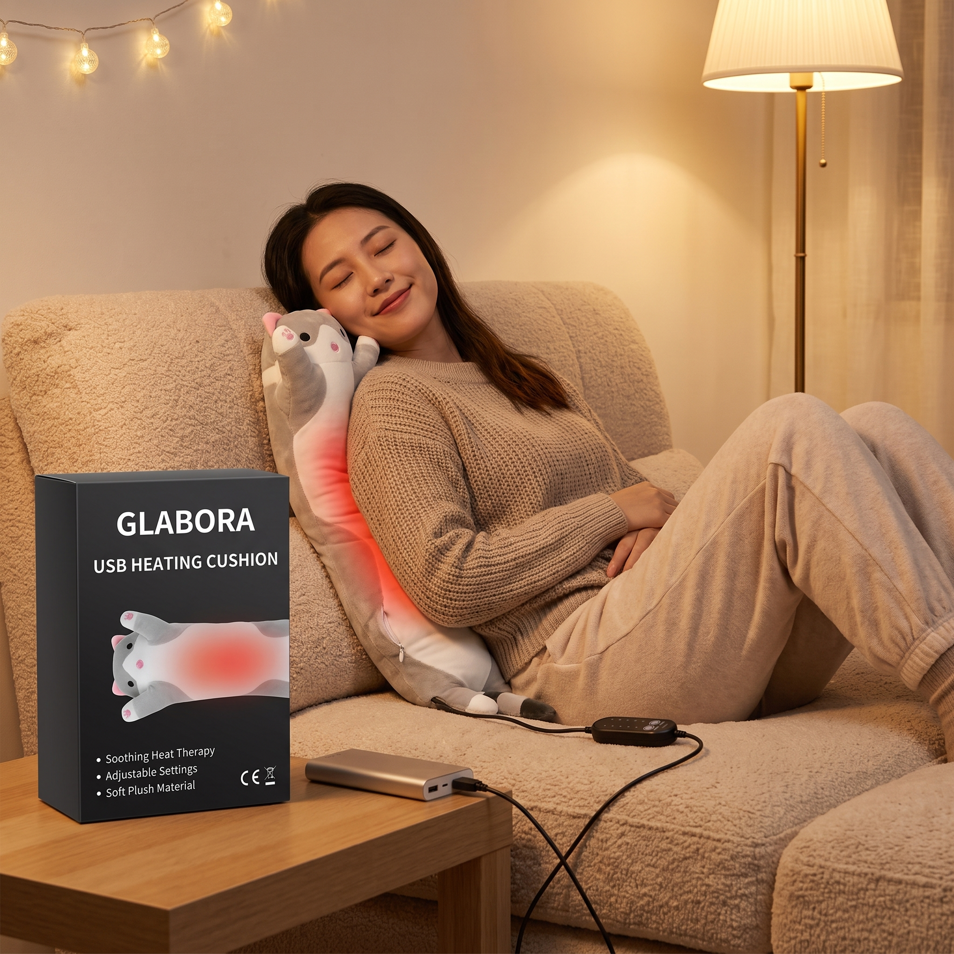 USB Heating Cushion GLABORA - lifestyle with packaging