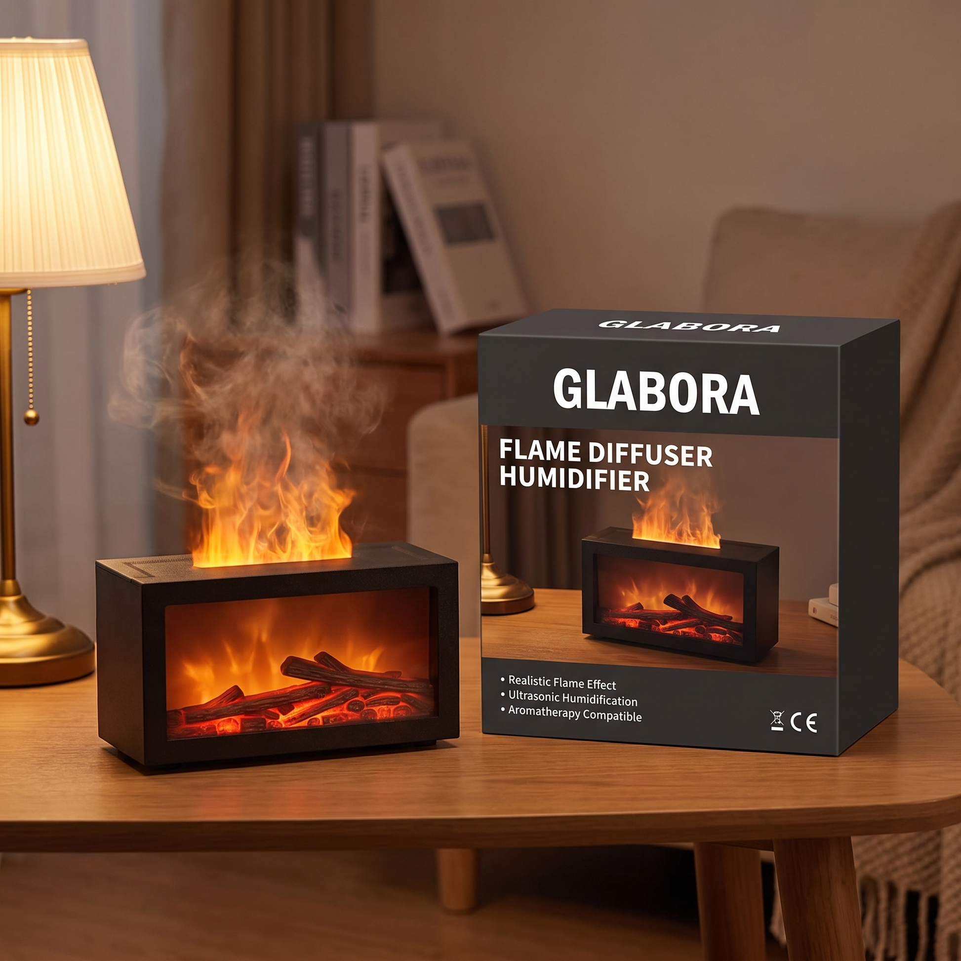 Flame Diffuser Humidifier GLABORA - lifestyle with packaging