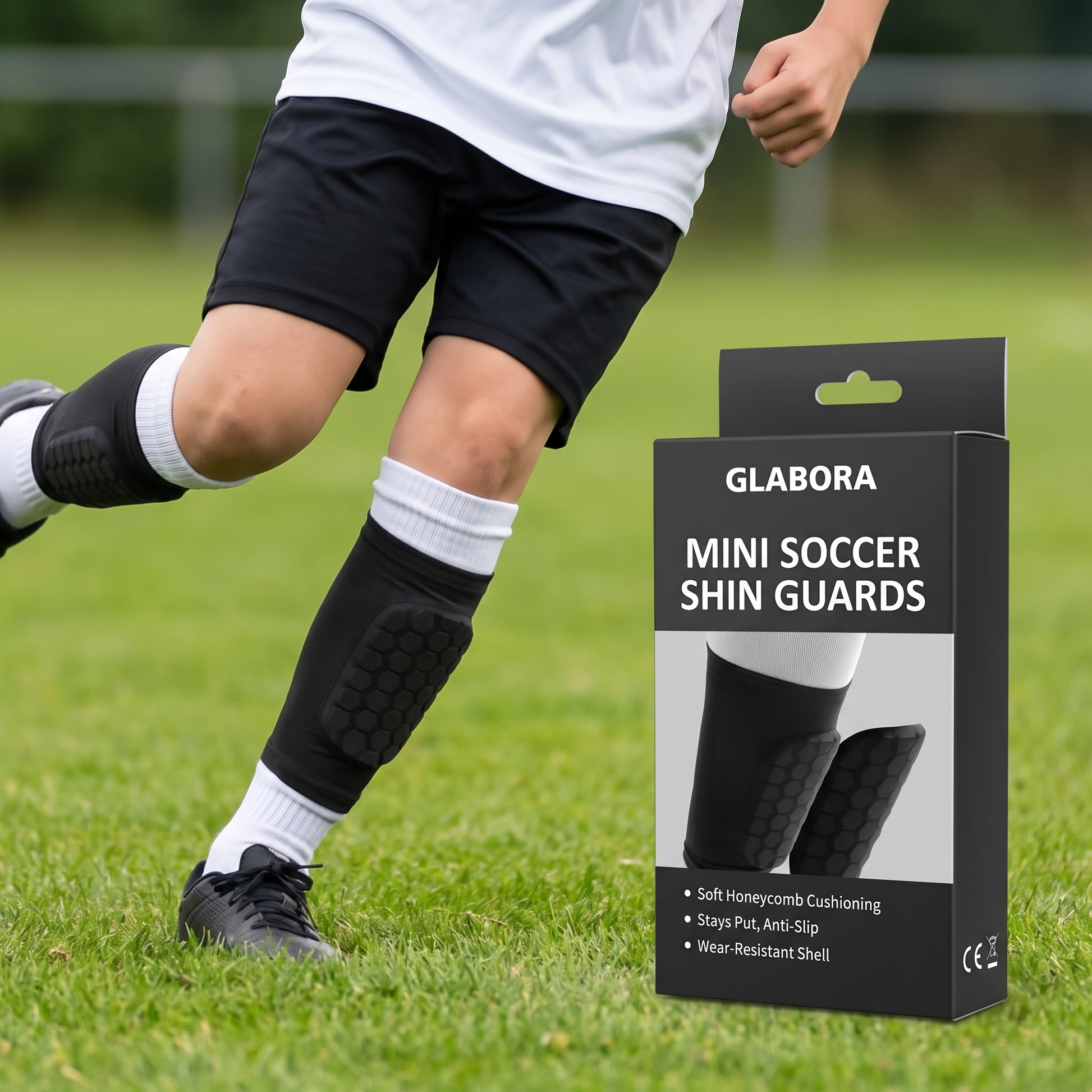 Mini Soccer Shin Guards GLABORA - lifestyle with packaging