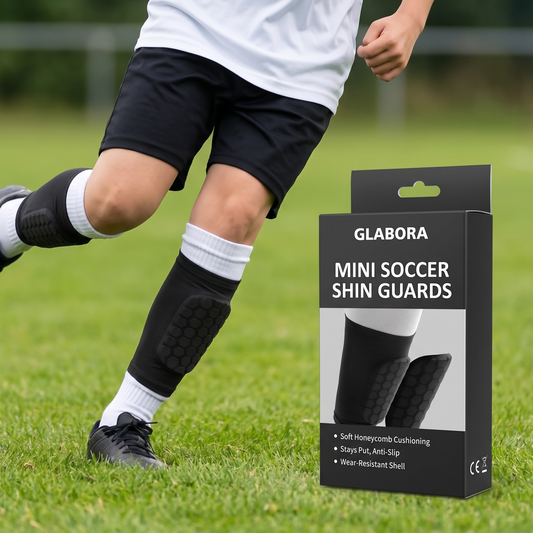 Mini Soccer Shin Guards GLABORA - lifestyle with packaging