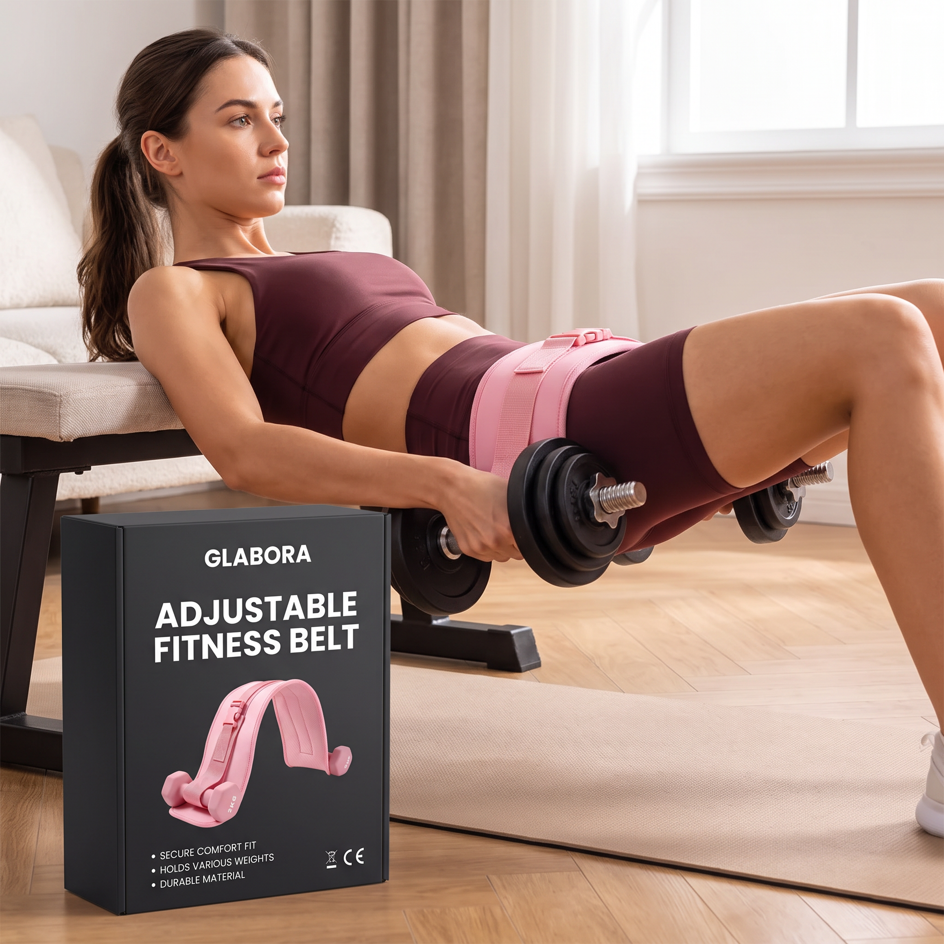 Adjustable Fitness Belt GLABORA - lifestyle with packaging