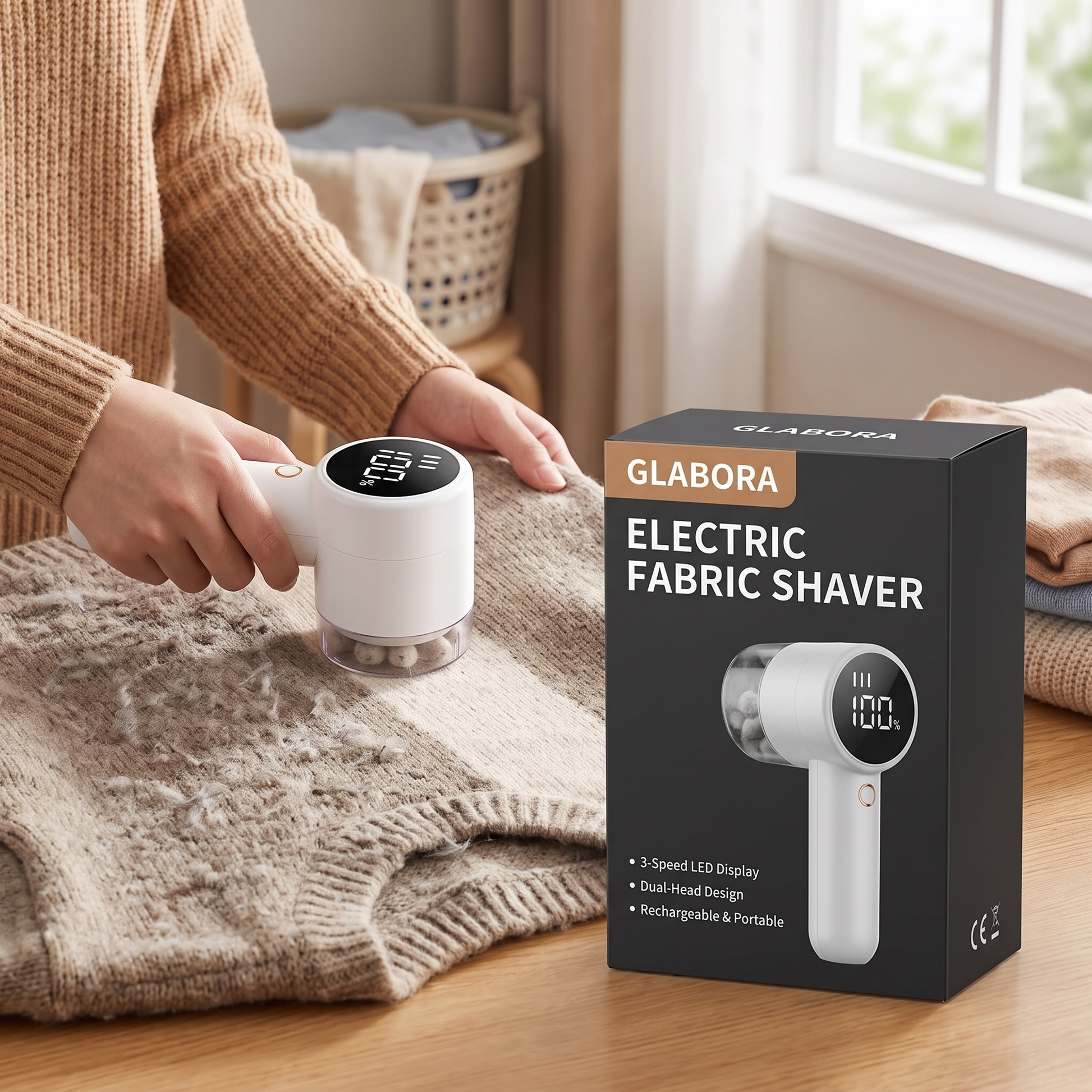 Electric Fabric Shaver GLABORA - lifestyle with packaging